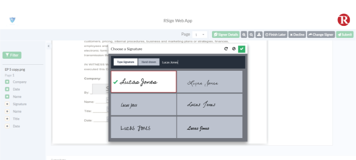 Choose a Signature To Sign Electronically With RSign