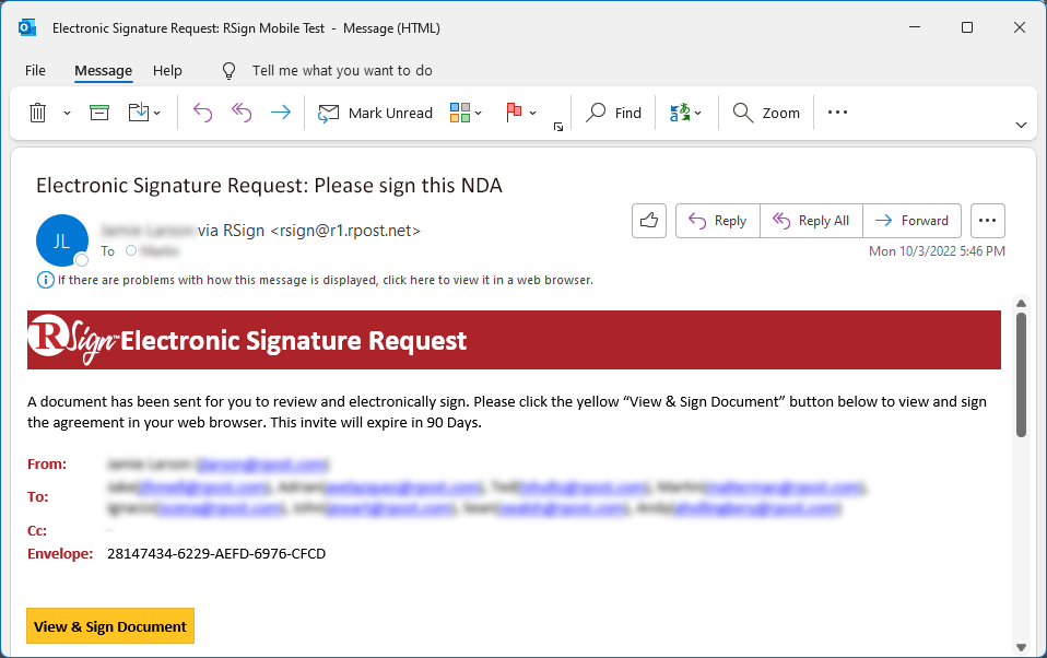 RSign eSignature request notification email